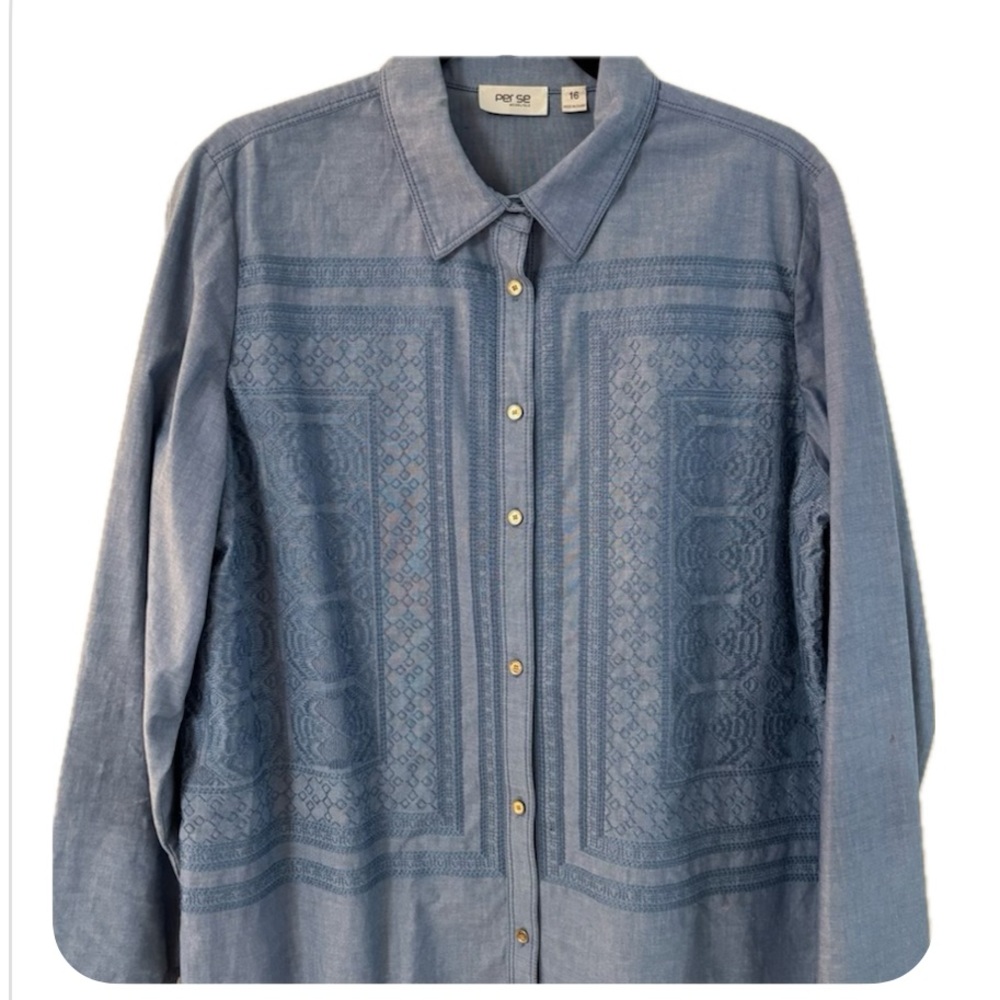 Per Se Blue Button Down Shirt with Embroidered Panels. Size 16